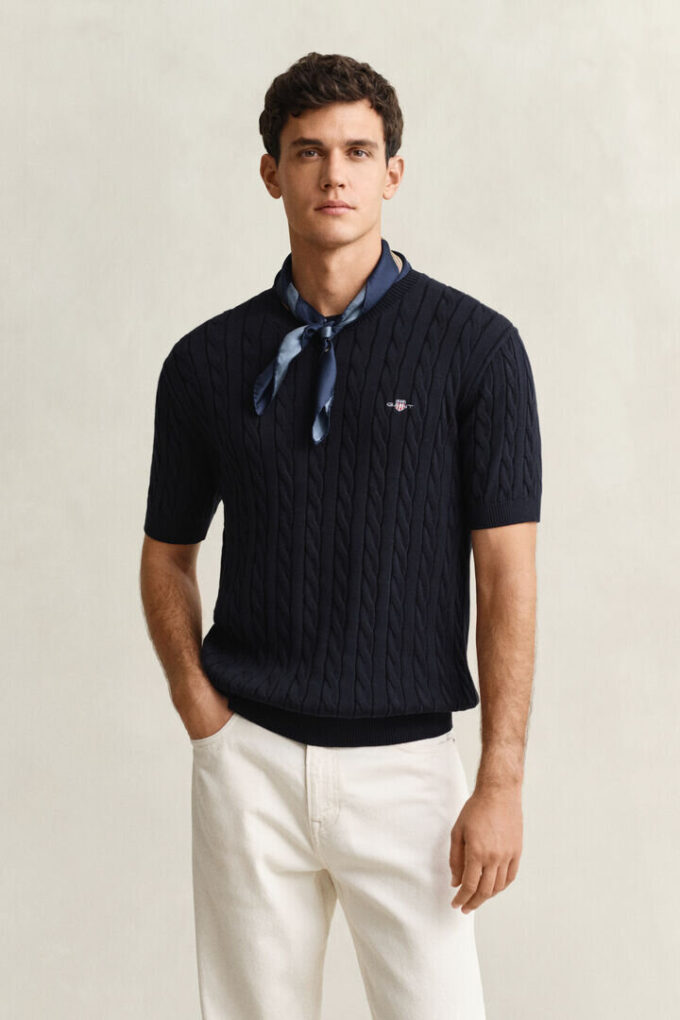 Cotton Cable Knit Short Sleeve Sweater