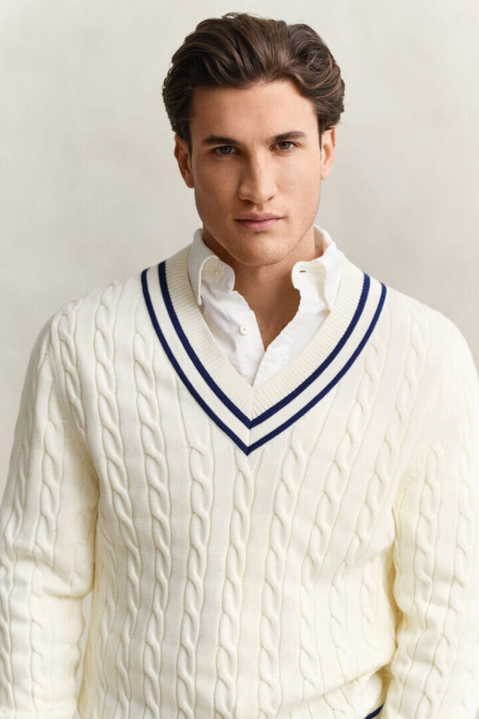 Cotton Cable Knit V-Neck Sweater