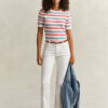 Striped Cable Knit Short Sleeve Sweater
