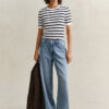 Striped Cable Knit Short Sleeve Sweater
