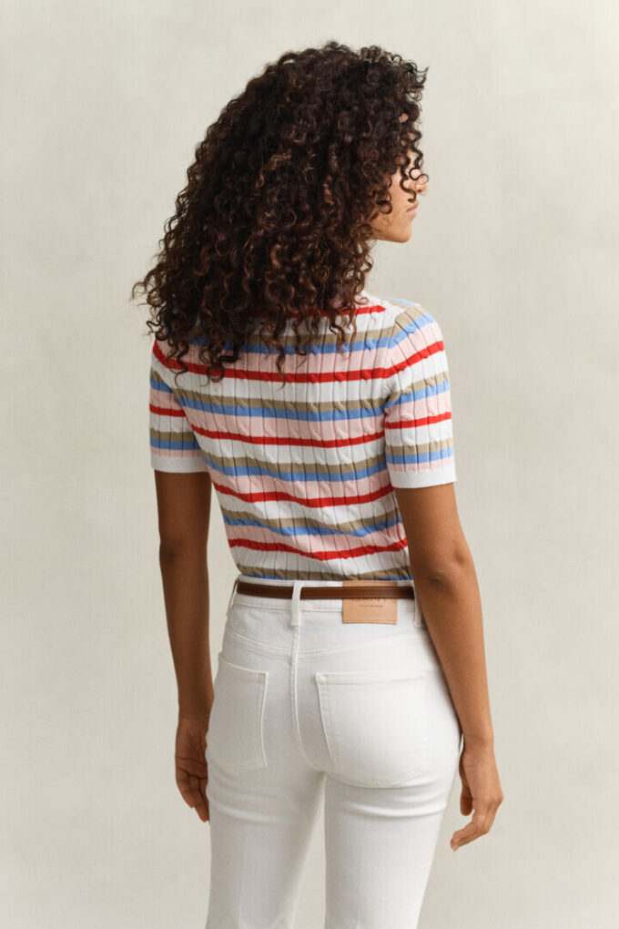 Striped Cable Knit Short Sleeve Sweater