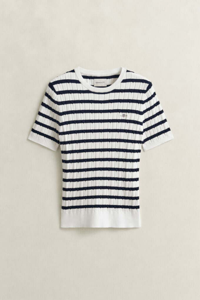 Striped Cable Knit Short Sleeve Sweater