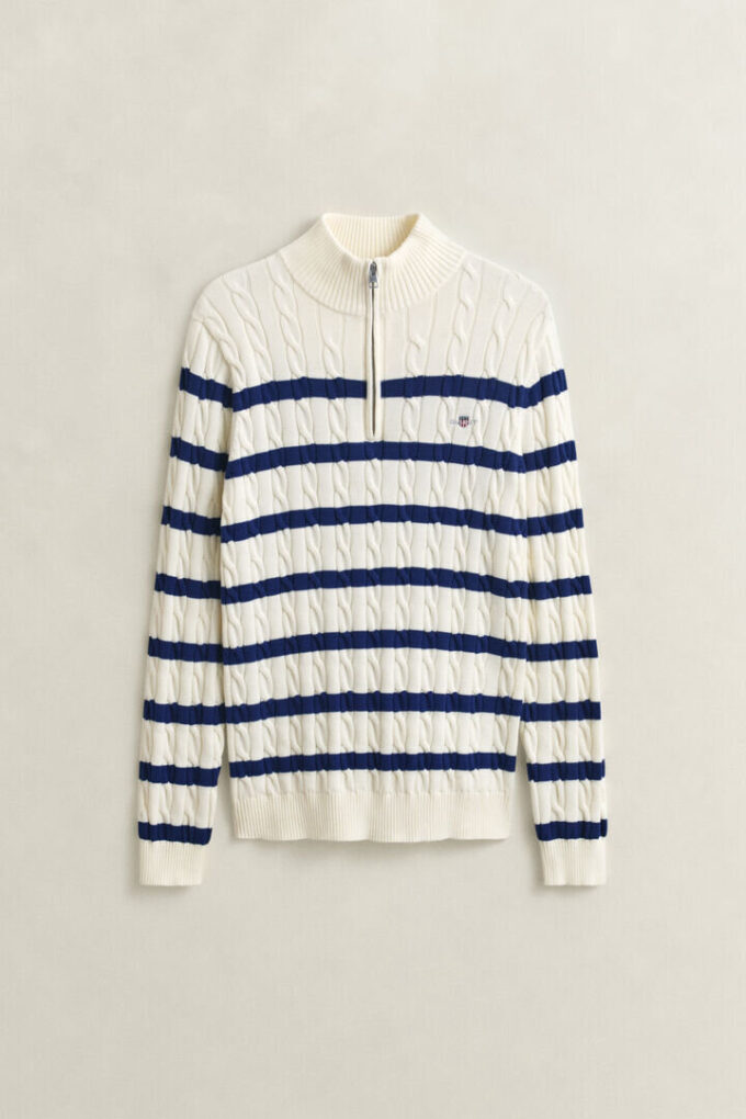 Striped Cotton Cable Knit Half-Zip Sweater