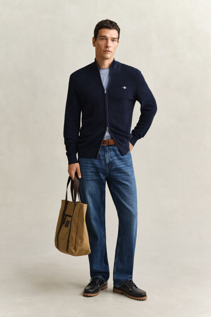 Textured Cotton Zip Cardigan